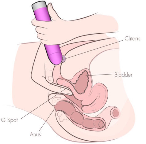 Vista em corte mostrando o vibrador interno no Ponto G, com a mão livre para o clitóris