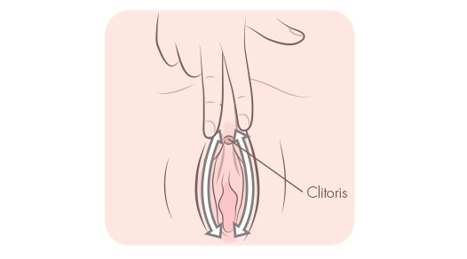 Ilustração mostrando os dedos estimulando os lábios ao redor do clitóris
